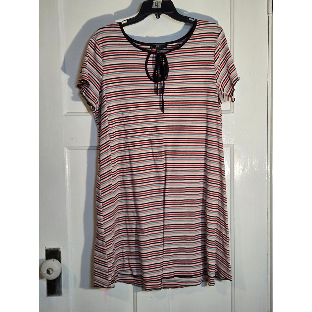Vibe Sportswear Womens 2X Striped Ribbed Knit Keyhole Tie Front T-Shirt Dress